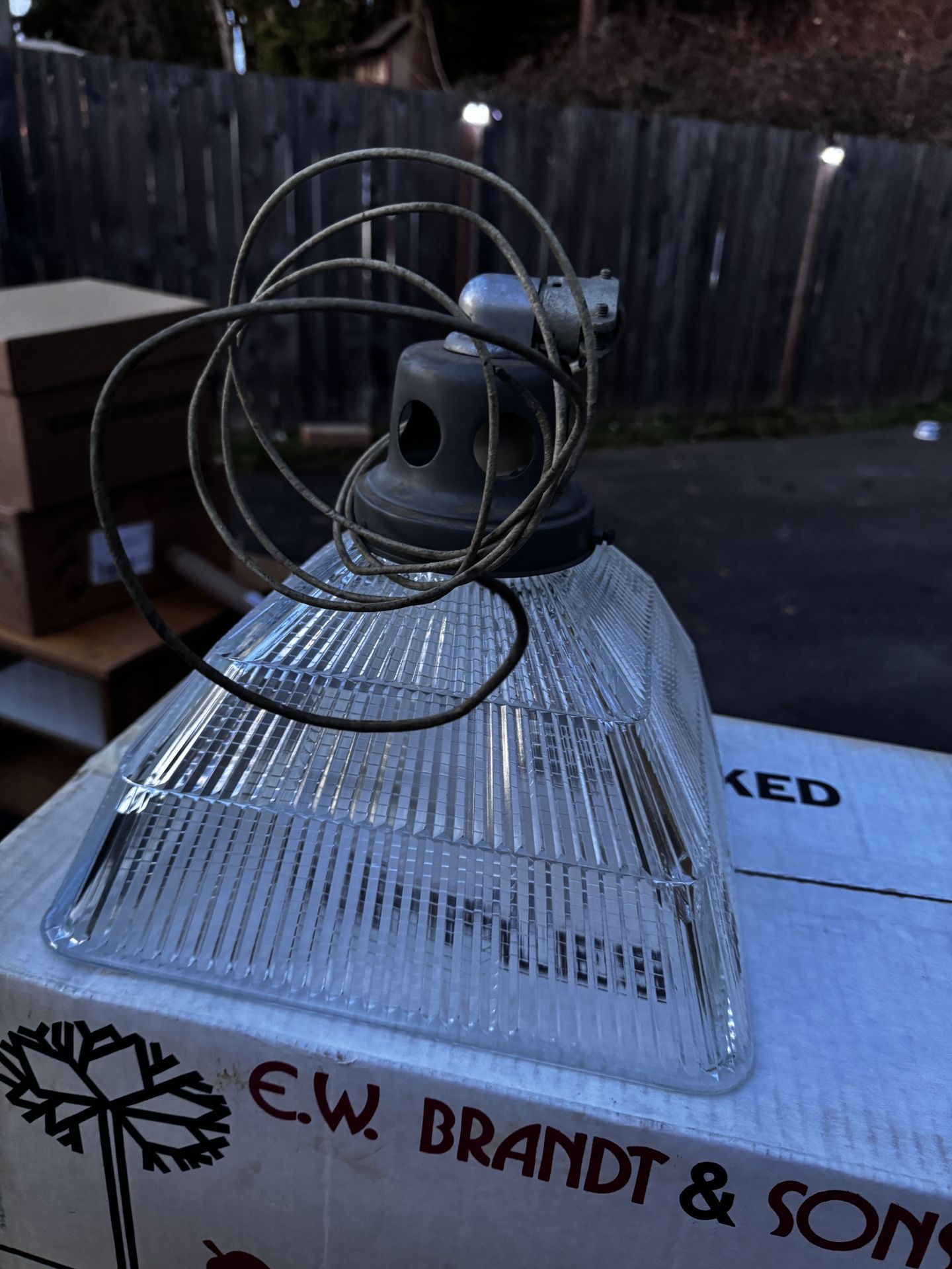 Vintage 40’s Holophane 3 Tier Ribbed Glass 11x11” Industrial Factory Light Lamp.