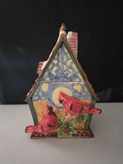 Ceramic House Shaped Cookie Jar w/ Lid Cardinal Bird Design 11"H 7"x7"