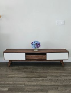Mid-Century Modern Walnut and White Media Console 70Lx17Hx14D (Flowers not included)