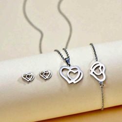 Stainless Steel 4 PCs Heart Pendant Necklace, Stud Earrings And Chain Bracelet 