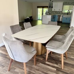 Modern Marble Dining Table with Copper Metal Base + 6 Gray Chairs — Like NEW