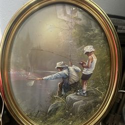 Oval Framed Vintage Fishing Scene Print, Multicolor Paper, Late 20th Century