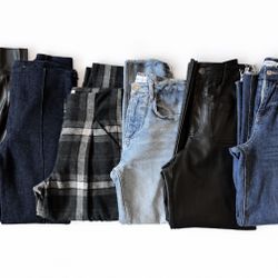 Mixed Women's Pants Bundle - Denim, Plaid, Leather-Look - Blue, Black