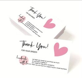 50 Pack Thank You for Your Order Cards Pink Heart Handmade With Love