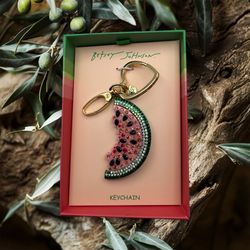 🍉Betsey Johnson Gold Tone Green Metallic Watermelon Slice Bag Charm Crystal NWT