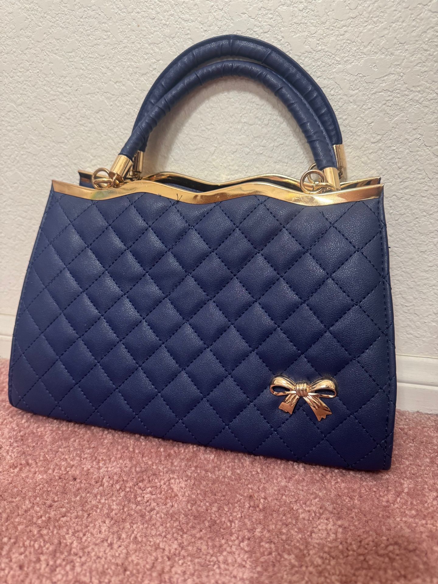 New navy blue vegan leather vintage purse handbag retro bow shoulder crossbody