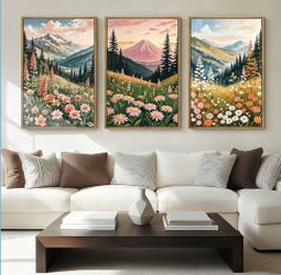 New 24x36” 3 Panels Extra Large Wildflower Wall Art Boho Decor Colorful Mountain Decorations