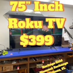 75” Inch Hisense Roku Smart Tv with remote and power cable.