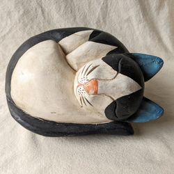 Hand carved Wood Cat Sleeping Cat Figurine Boho Decor