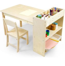 Birch Wooden Activity Craft Table, Kids Drawing Table, Toddler Desk with Storage and 1 Chair