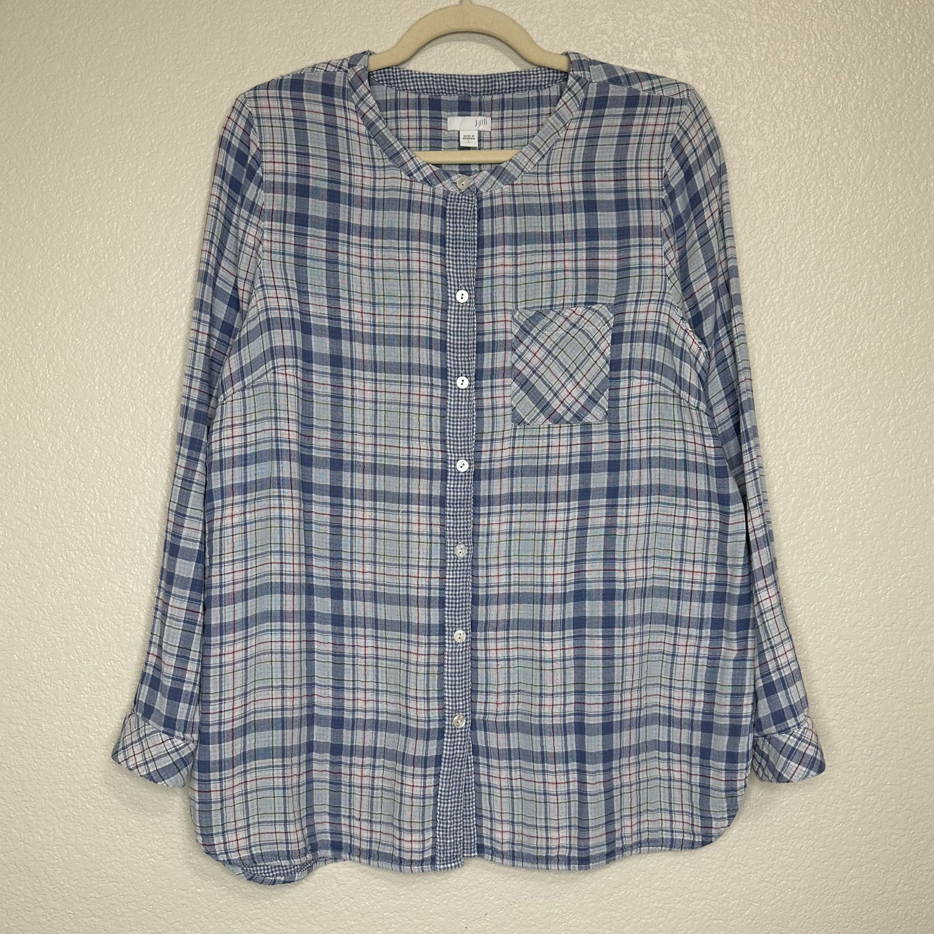 J. Jill Blue Plaid Button Front Soft Gauze Long Sleeves Top
