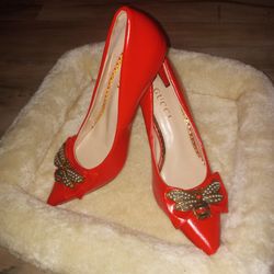Nappa Queen Margaret Bow Mid Heel Pumps 39 Hibiscus Red