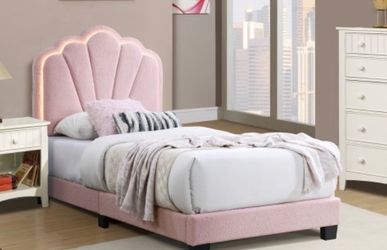 Pink Upholstered Bed Frame with Shell Headboard