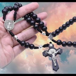 Black Catholic Benedict Rosary With Wooden Crucifix & Steel Medallions 12”