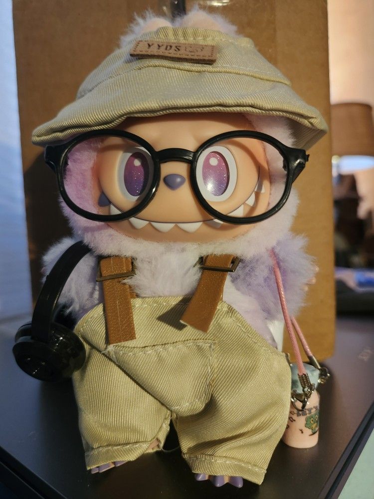 DOLL NOT INCLUDED! NEW LABUBU YYDS TAN OVERALLS AND HAT, BLACK HEADPHONES, BLACK GLASSES AND PINK WATER BOTTLE