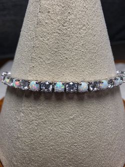 7"  3.0mm Natural Opal Tennis Bracelet Box Clasp, Prong 925 Sterling Silver