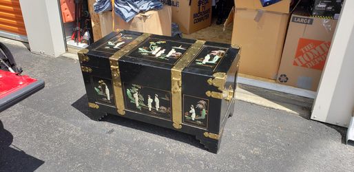 Vintage Chinese Chinoiserie Traditional Wood & Brass Storage Chest/Trunk With Jade & Soapstone Figures