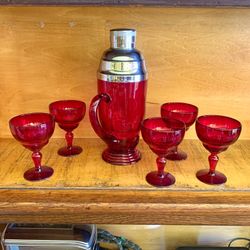 Antique Ruby Red Shaker And Glass Set