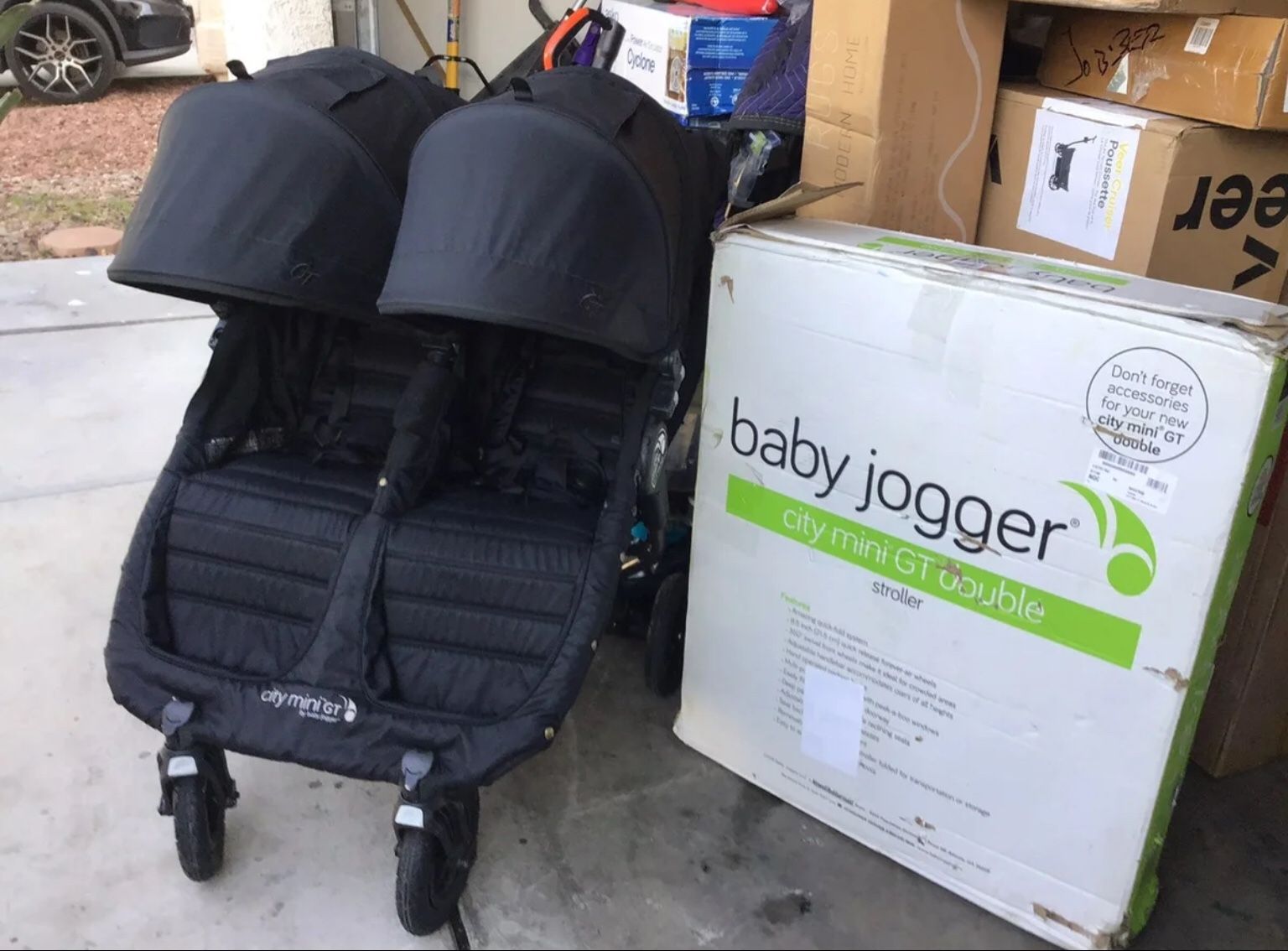 Baby jogger city mini GT double stroller black with all terrain tires & quick fold great condition slight used missing knock on left handle othe