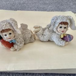 2 Vtg. CWI Easter Resin Figurines Children in Bunny Outfits Holding Carrot / Egg 3” Holiday Decor