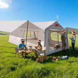 Lilypelle 12 Person Blow Up Camping Inflatable Tent w/ Canopy & Stove Jack & AC Port,18.4′x 9.8′x 6.9′Waterproof Oxford 2 Room Air Tent , Easy Setup G