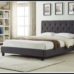 Brand New In Box Queen Size Dark Grey Linen Upholstered Bed With Mattress. Assembly Required, We Can Deliver, Cama Con Colchon.