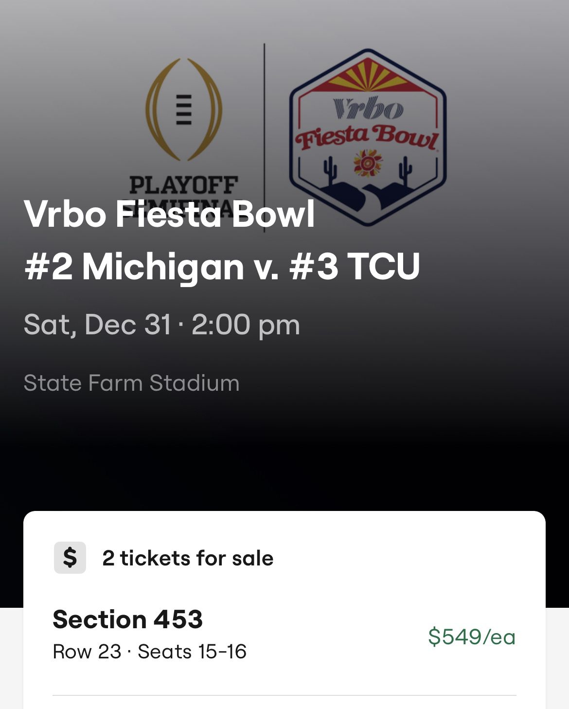 TCU vs Michigan College Football Playoff Fiesta Bowl Tickets CFP