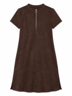 New Andrew Marc Brown Suede-Look Half-Zip Mini Dress, 10 (M)