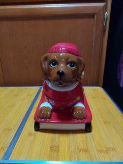 Snow Sled Dachshund Christmas Cookie Jar