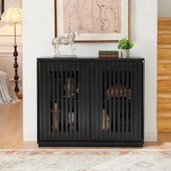 #232 Mid Century Modern Fluted Sideboard Cabinet with 2 Outlet Holes Buffet Cabinet with Storage Narrow Side Cabinet for Living Room Entryway Hallway 