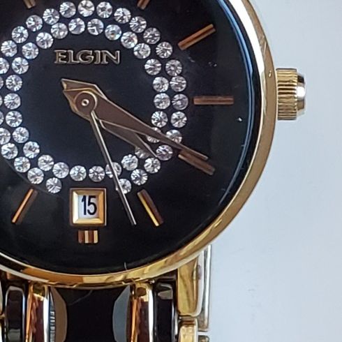 Elgin Women's EG353 Gold-Tone Black Ceramic Crystal Accented Watch. NWT