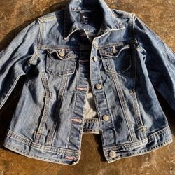 Gap jean jacket, distressed, kids size XXL (14-16), denim blue