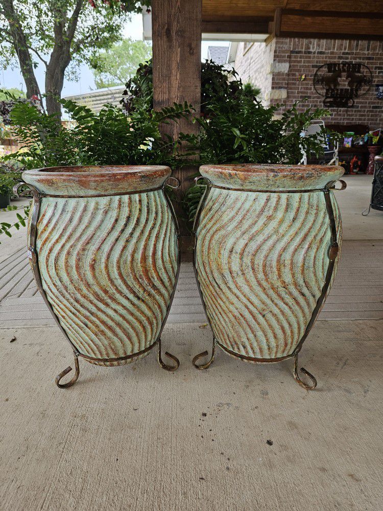 Turquoise Stripes Clay Pots, Planters, Plants. Pottery,  Talavera $65 cada una