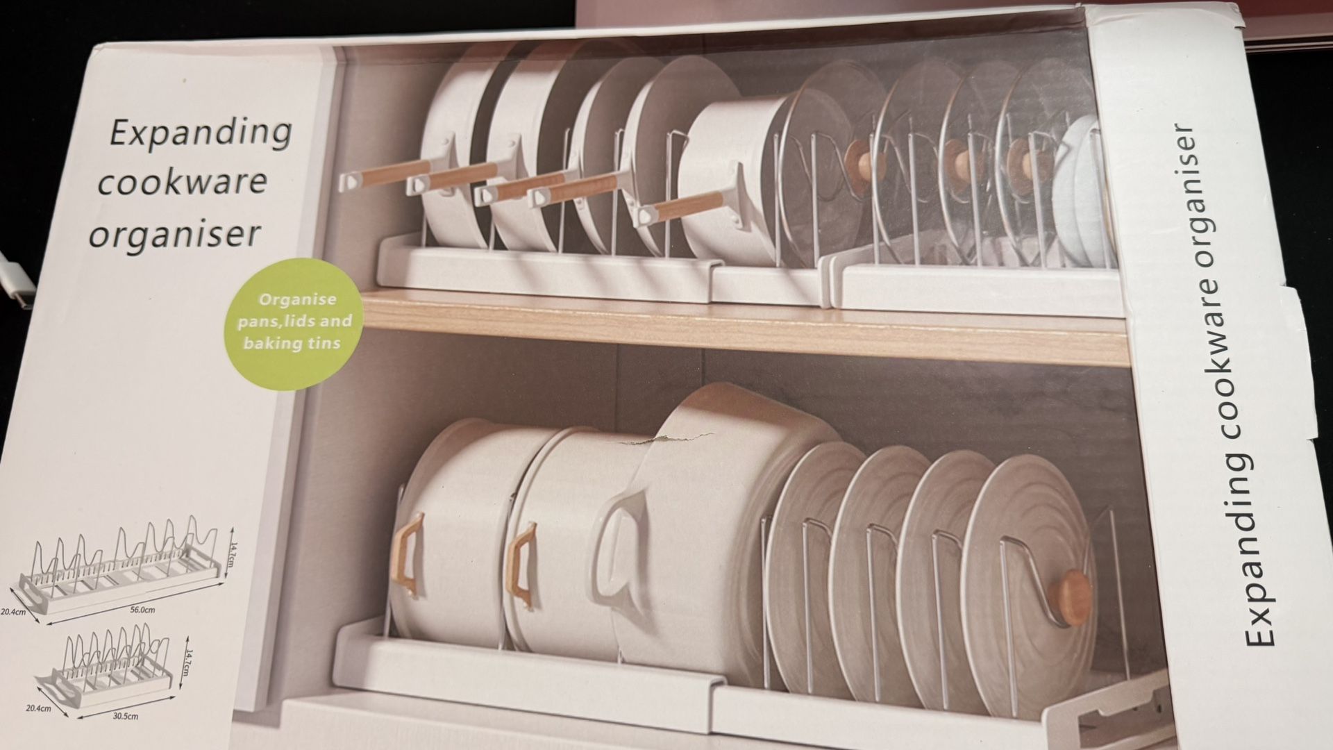 Adjustable Expandable Cookware Organizer - 7 Stainless Steel Dividers for Cabinets, Perfect for Pot Lids & Baking Trays, White Kitchen Storage Rack Pl