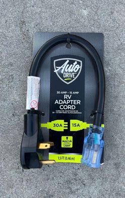 Power Cord-RV Adapter Cord, at 1.5 Ft Long, 30 AMP to 15 AMP, Built in Power Indicator Light. “BRAND NEW” by Auto Drive.
