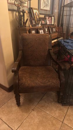 Carved Wood Accent Chair with Paisley Upholstery