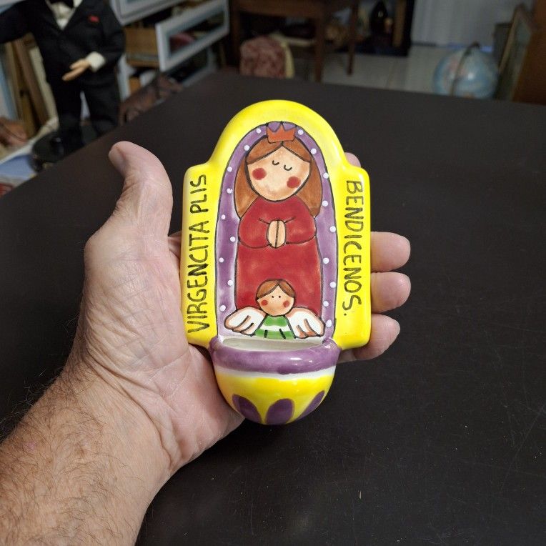 Beautiful Hand-painted "Virgin Please Bless Us" Ceramic Font Made In Mexico 6"
