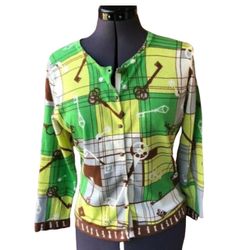 Cabi Cardigan Sweater #861 Skeleton Key Pattern 3/4-Sleeve Green Sz. M Cotton