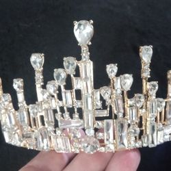 Gold Metal Baguette Teardrop Rhinestone Crown
