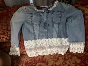 Jean Jacket with Lace & Pearls