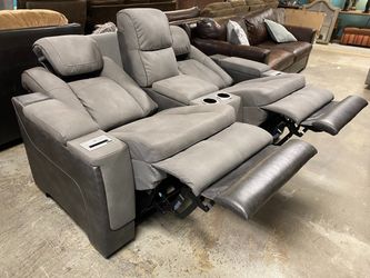 ASHLEY Grey Dual Power Recliner w/ Storage & Wireless Charging