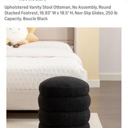 Vanity Stool Ottoman, No Assembly, Round Stacked Footrest, 16.93" W x 18.5" H, Non-Slip Glides, 250 lb Capacity, Boucle Black