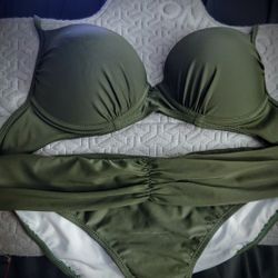 Shekini Women's Underwired Padded Push Up Ruched Bikini, Olive Green, XL NWT