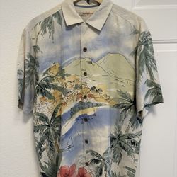 Tommy Bahama Men Silk Caribbean Beach Button Shirt Small Beige Short Sleeve $30