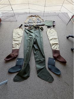 Complete Vintage Unused Fishing Wading Gear Lot - Cabela’s Chest & Leg Waders, Field & Stream XXL Vest, Orvis Neoprene Booties, Hodgman Bag & Traveler