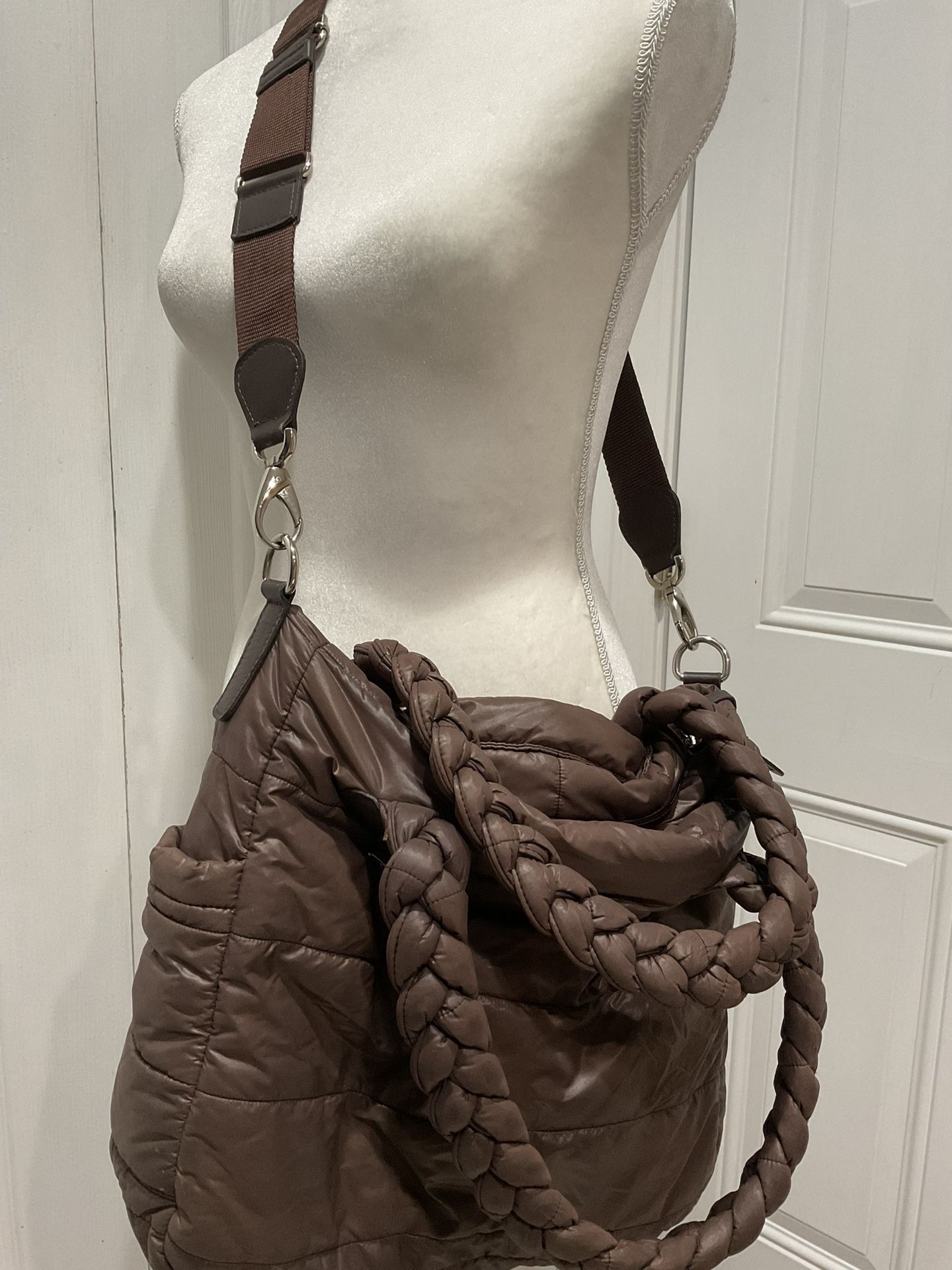 PICCI Diaper Bag Brown Soft Quilted Nylon, Leather Trim, 14”x14”x4”