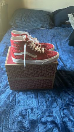 VANS SK8-HI Red Allover Misprint Logo Suede & Canvas High Tops Men' 8.5