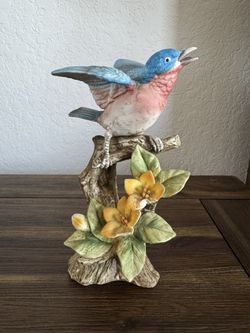 Lefton Hand Painted Bluebird Figurine On A Floweredd Branch #7020