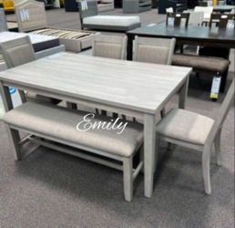 6-pc dining table set with Bench light grey