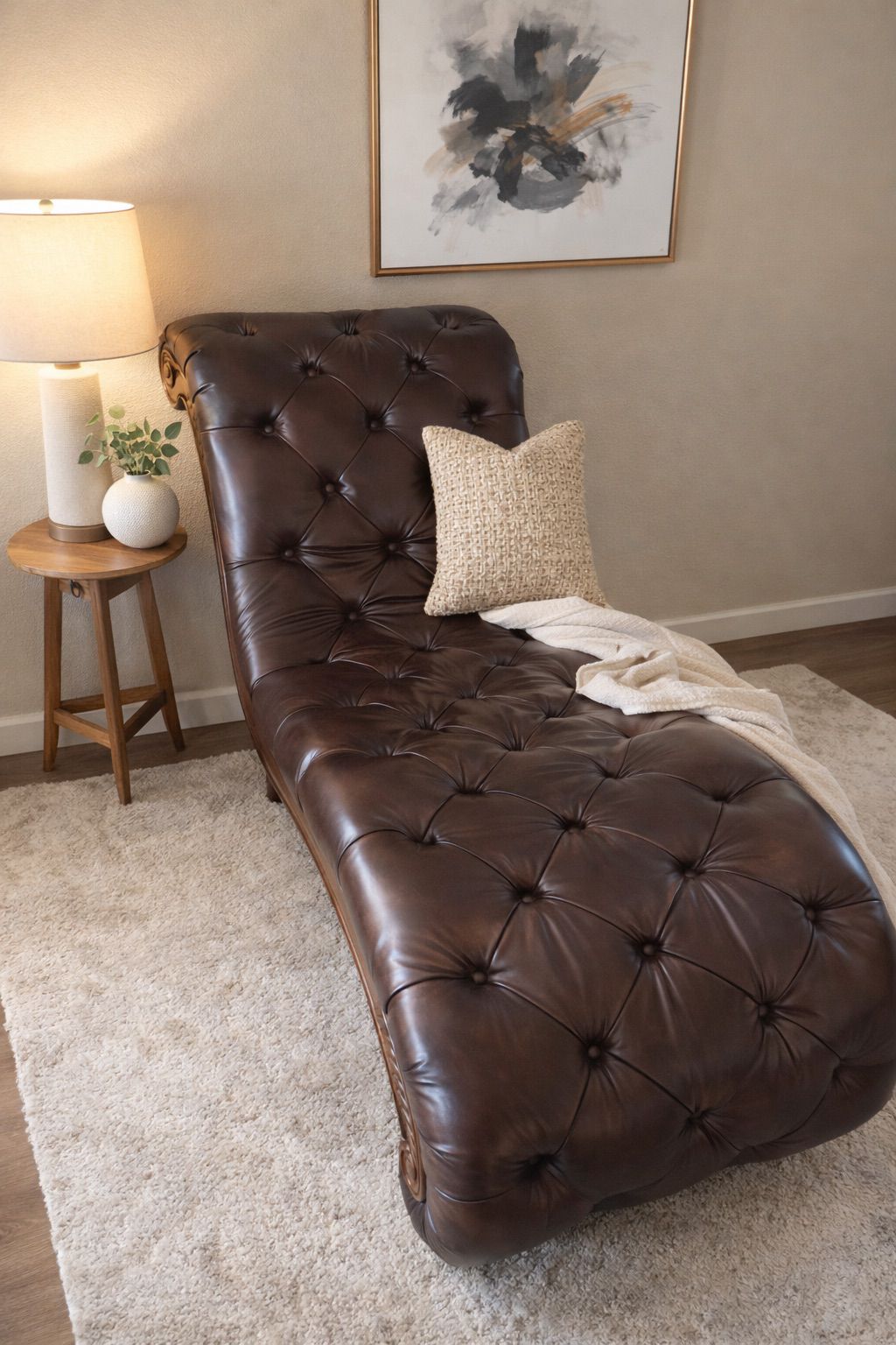 Tufted Brown Leather Chaise Lounge – Elegant Statement Piece